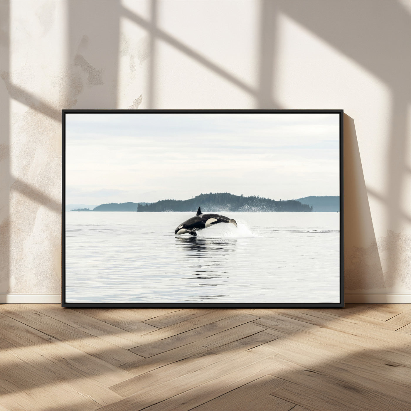 10157174-MGV-CV-36X24-Orca Whale Wall Art Canvas Print, Framed Black White Whale Art Picture Print, Minimalist Ocean Perfect Coastal Minimalist Decor