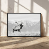 62278753-MGV-CV-36X24-Monochrome Elk Wall Art Canvas Print, Framed Mountain Wildlife Art Picture Print, Rustic Nature Perfect Rustic Minimalist Decor