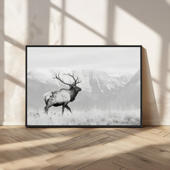 62278753-MGV-CV-36X24-Monochrome Elk Wall Art Canvas Print, Framed Mountain Wildlife Art Picture Print, Rustic Nature Perfect Rustic Minimalist Decor