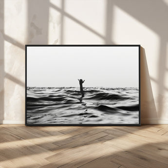 69541918-MGV-FC-36X24_Black-Black White Ocean Wall Art Canvas Print, Framed Moody Seascape Art Picture Print, Surfer Sign Perfect Moody Minimalist Decor