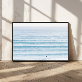 77145995-MGV-CV-36X24-Ocean Simplicity Wall Art Canvas Print, Framed Surfer on Water Art Picture Print, Light Blue Perfect Coastal Minimalist Decor