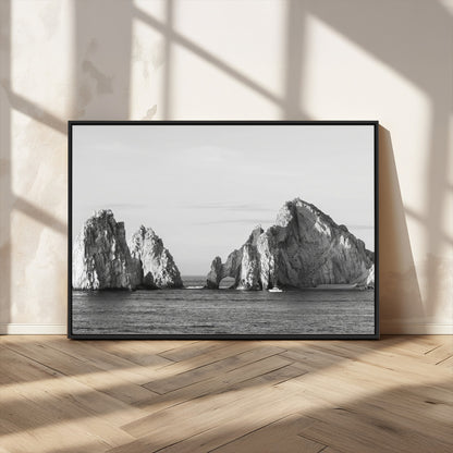 18810731-MGV-CV-36X24-Rugged Coastline Wall Art Canvas Print, Framed Ocean Cliffs Art Picture Print, Monochrome Seascape Perfect Coastal Minimalist