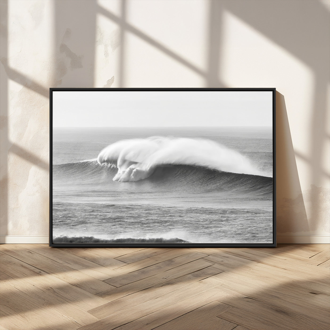 42544082-MGV-CV-36X24-Monochrome Seascape Wall Art Canvas Print, Framed Surf Wave Art Picture Print, Minimalist Ocean Perfect Moody Coastal Decor