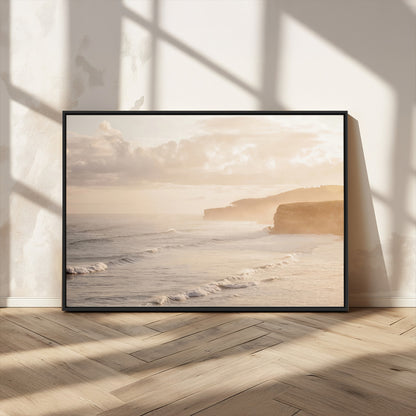 57669769-MGV-CV-36X24-Misty Coastal Wall Art Canvas Print, Framed Golden Sunset Art Picture Print, Serene Shoreline Perfect Tranquil Coastal Decor
