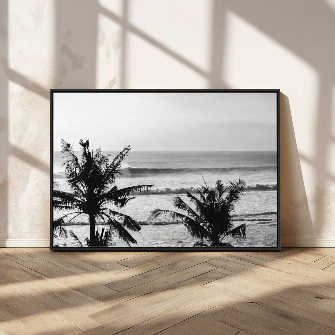 17508038-MGV-CV-36X24-Tropical Coastline Wall Art Canvas Print, Framed Palm Trees Art Picture Print, Ocean Waves Perfect Minimalist Coastal Decor