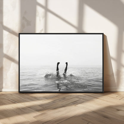 26667396-MGV-CV-36X24-Black White Ocean Wall Art Canvas Print, Framed Monochrome Water Art Picture Print, Diving into Water Perfect Minimalist Aquatic