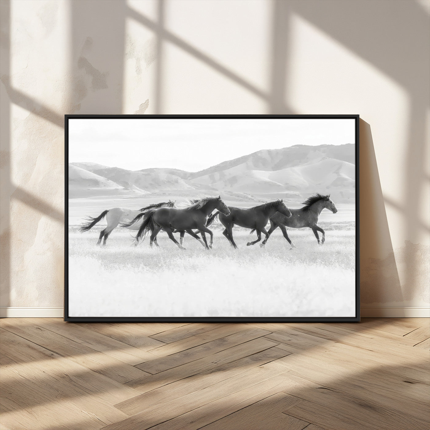 69934913-MGV-CV-36X24-Wild Horses Running Wall Art Canvas Print, Framed Black White Mustangs Art Picture Print, Rustic Western Perfect Rustic Western