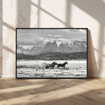 21655040-MGV-FC-36X24_Black-Wild Horses Wall Art Canvas Print, Framed Black White Mountains Art Picture Print, Rustic Countryside Perfect Rustic Western Decor