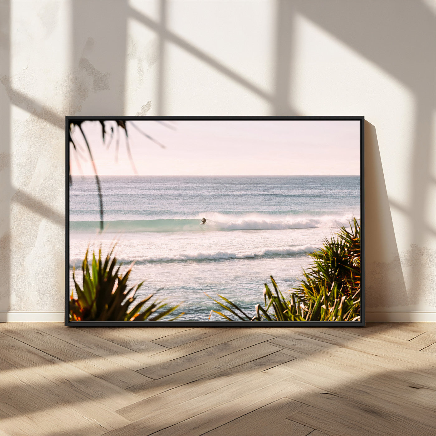 23287092-MGV-FC-36X24_Black-Ocean Surfer Wall Art Canvas Print, Framed Coastal Surf Art Picture Print, Tropical Beach Perfect Tropical Coastal Decor Artwork