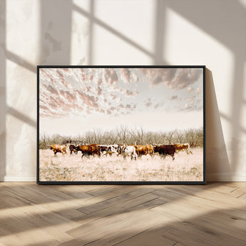 64892775-MGV-CV-36X24-Longhorn Cattle Wall Art Canvas Print, Framed Texas Ranch Art Picture Print, Western Cow Perfect Western Decor Artwork