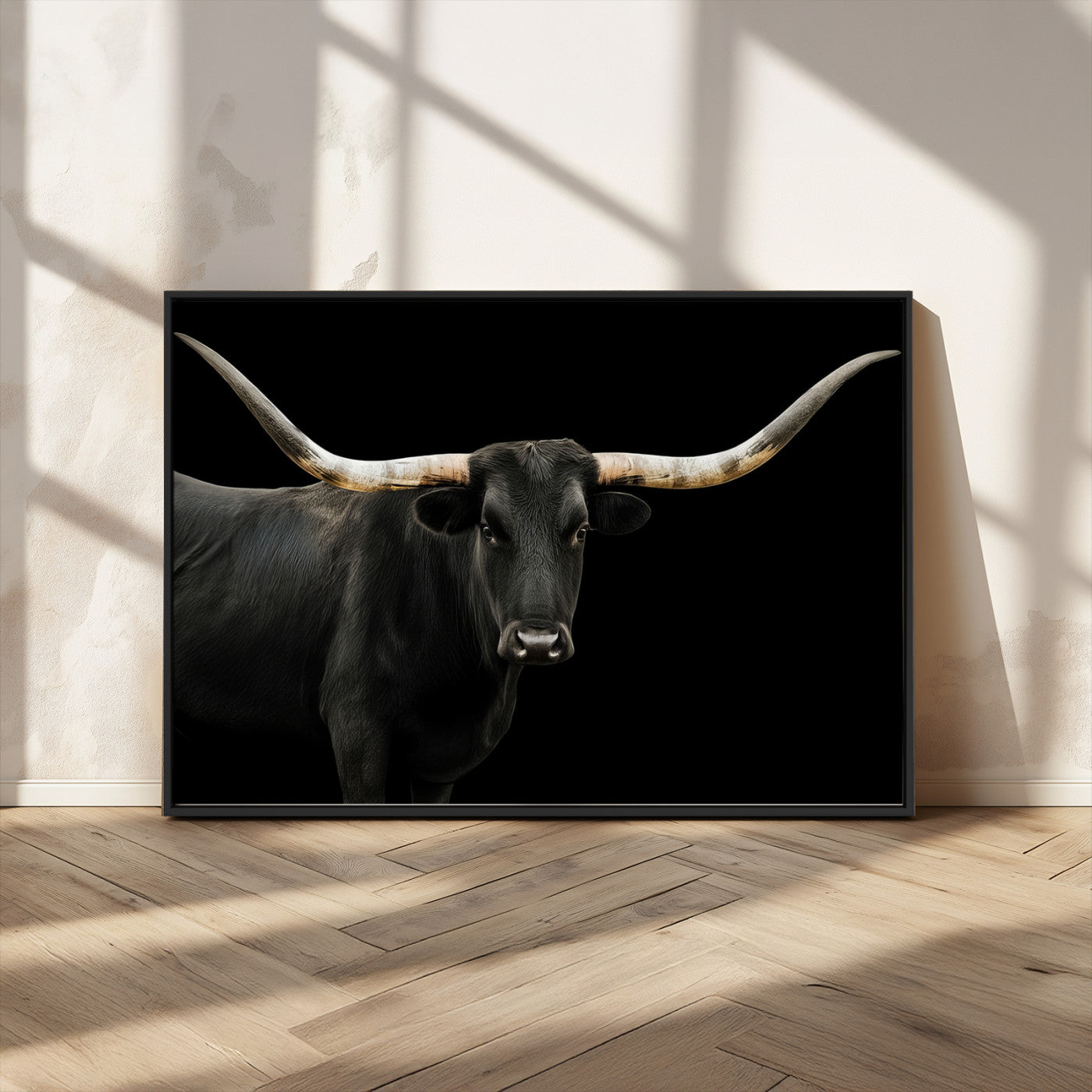 99448328-MGV-FC-36X24_Black-Longhorn Cattle Wall Art Canvas Print, Framed Texas Ranch Art Picture Print, Western Cow Perfect Farmhouse Decor Artwork