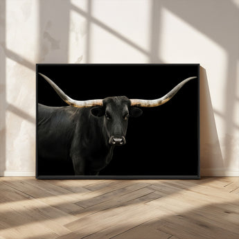 99448328-MGV-FC-36X24_Black-Longhorn Cattle Wall Art Canvas Print, Framed Texas Ranch Art Picture Print, Western Cow Perfect Farmhouse Decor Artwork
