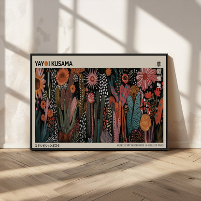 28344895-MGV-CV-36X24-Dark Floral Abstract Wall Art Poster – Modern Botanical Canvas Print with Beige Border, Kusama Inspired Boho Flower Painting,
