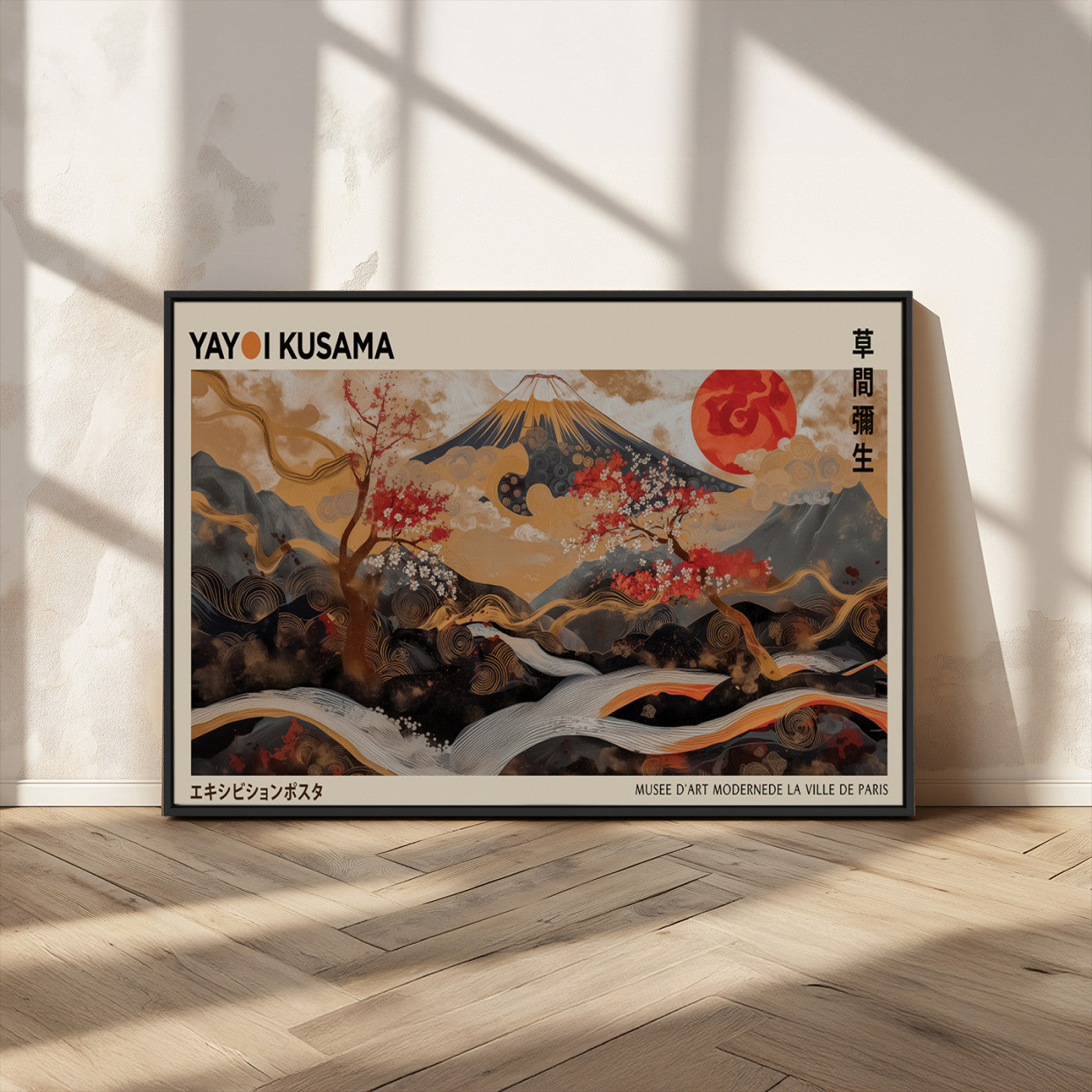 77970791-MGV-CV-36X24-Mount Fuji Golden Abstract Wall Art – Japanese Landscape Canvas Poster, Cherry Blossom & Red Sun Painting, Elegant Zen Oriental