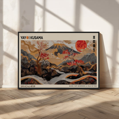 77970791-MGV-CV-36X24-Mount Fuji Golden Abstract Wall Art – Japanese Landscape Canvas Poster, Cherry Blossom & Red Sun Painting, Elegant Zen Oriental