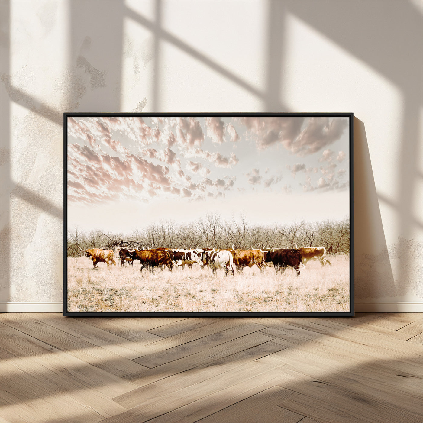 57389417-MGV-CV-36X24-Cow Herd Photography Wall Art Canvas Print, Framed Rustic Farmhouse Decor Art Picture Print, Western Ranch Style Perfect Rustic