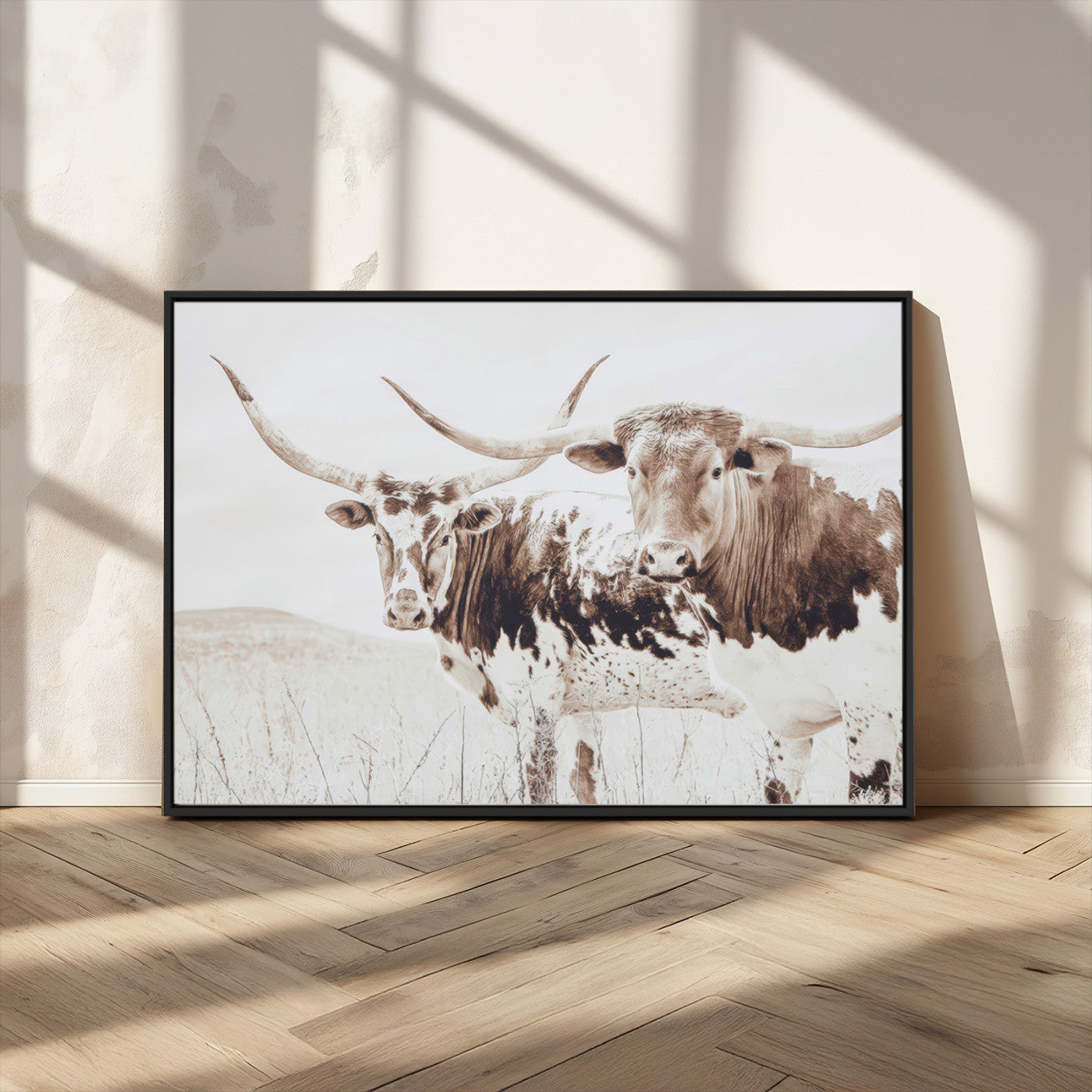 48161868-MGV-CV-36X24-Longhorn Cow Decor Wall Art Canvas Print, Framed Rustic Cattle Art Picture Print, Sepia Western Vibe Perfect Neutral Rustic