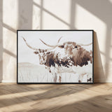 48161868-MGV-CV-36X24-Longhorn Cow Decor Wall Art Canvas Print, Framed Rustic Cattle Art Picture Print, Sepia Western Vibe Perfect Neutral Rustic
