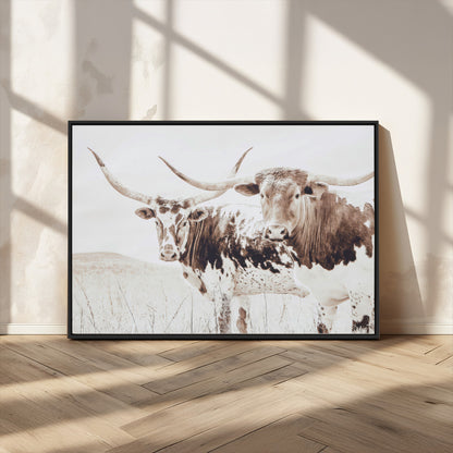 48161868-MGV-CV-36X24-Longhorn Cow Decor Wall Art Canvas Print, Framed Rustic Cattle Art Picture Print, Sepia Western Vibe Perfect Neutral Rustic