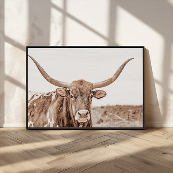 77810049-MGV-CV-36X24-Longhorn Bull Photo Wall Art Canvas Print, Framed Rustic Cow Decor Art Picture Print, Neutral Farmhouse Style Perfect Rustic