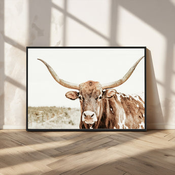 98924580-MGV-CV-36X24-Texas Longhorn Bull Wall Art Canvas Print, Framed Rustic Farmhouse Decor Art Picture Print, Western Animal Theme Perfect Rustic