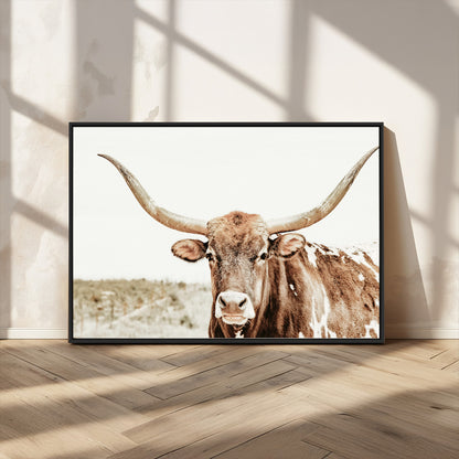 98924580-MGV-CV-36X24-Texas Longhorn Bull Wall Art Canvas Print, Framed Rustic Farmhouse Decor Art Picture Print, Western Animal Theme Perfect Rustic