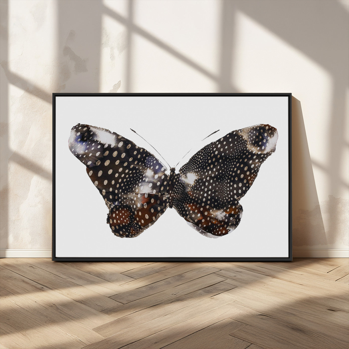 99831147-MGV-CV-36X24-Spotted Butterfly Wall Art Canvas Print, Framed Neutral Insect Theme Art Picture Print, Earthy Wing Pattern Perfect Modern Rustic