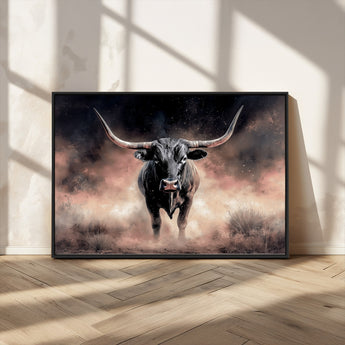 71457818-MGV-CV-36X24-Longhorn Wall Art Wall Art Canvas Print, Framed Western Bull Canvas Art Picture Print, Rustic Cow Decor Perfect Western Dramatic