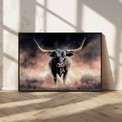 71457818-MGV-CV-36X24-Longhorn Wall Art Wall Art Canvas Print, Framed Western Bull Canvas Art Picture Print, Rustic Cow Decor Perfect Western Dramatic