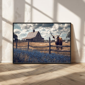 51092814-MGV-CV-36X24-Texas Longhorn Wall Art Wall Art Canvas Print, Framed Rustic Barn Canvas Art Picture Print, Farmhouse Cow Decor Perfect Rustic