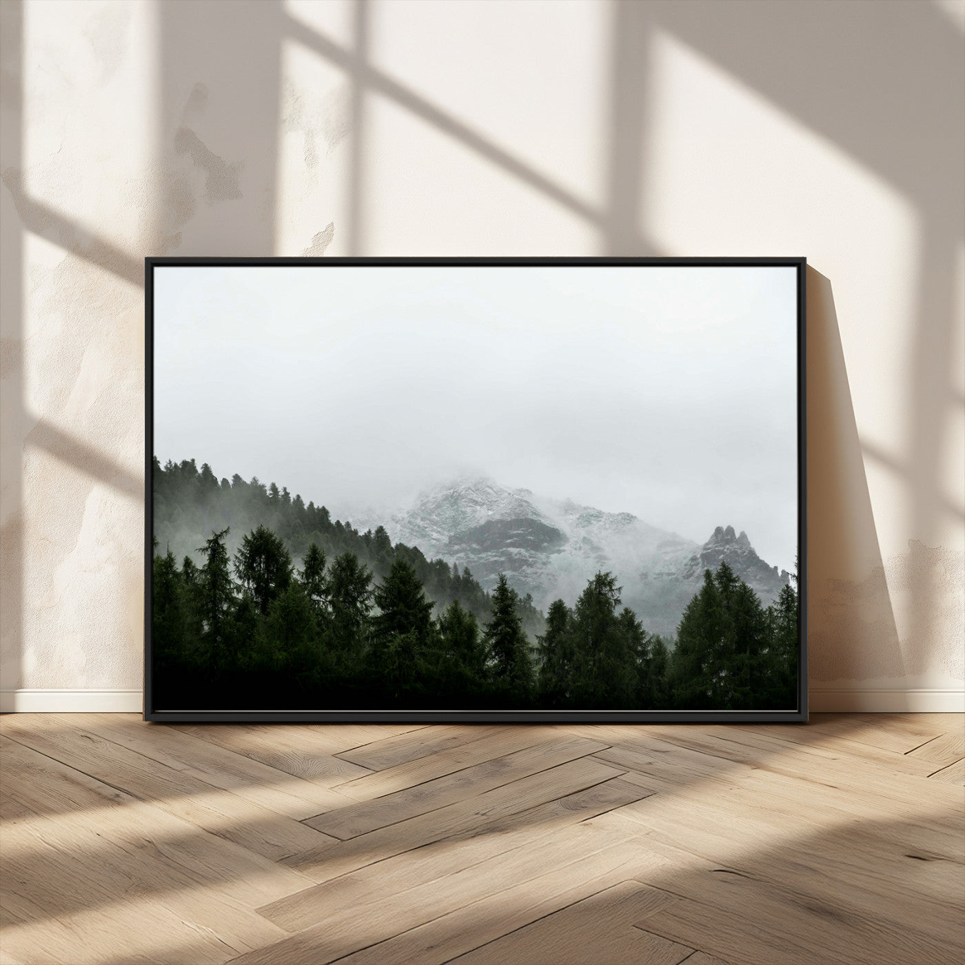 55968349-MGV-CV-36X24-Misty Mountains Wall Art Canvas Print, Framed Foggy Forest Art Picture Print, Snowy Peaks Perfect Moody Wilderness Decor Artwork