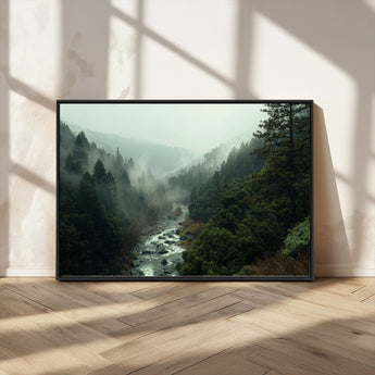 48497565-MGV-CV-36X24-Misty Forest Wall Art Canvas Print, Framed Foggy River Art Picture Print, Moody Landscape Perfect Moody Wilderness Decor Artwork