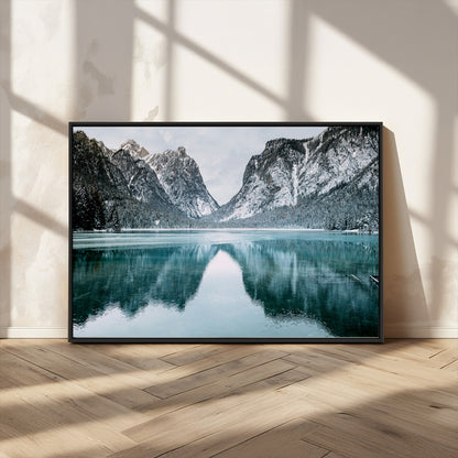 73098373-MGV-CV-36X24-Mountain Lake Wall Art Canvas Print, Framed Winter Wonderland Art Picture Print, Snowy Peaks Perfect Modern Nature Decor Artwork