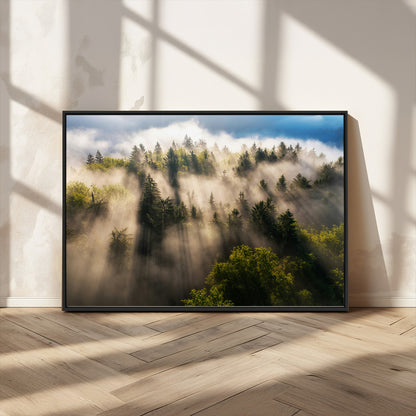 14785710-MGV-CV-36X24-Tranquil Forest Scene Wall Art Canvas Print, Framed Sunbeam Through Trees Art Picture Print, Moody Green Wall Art Perfect