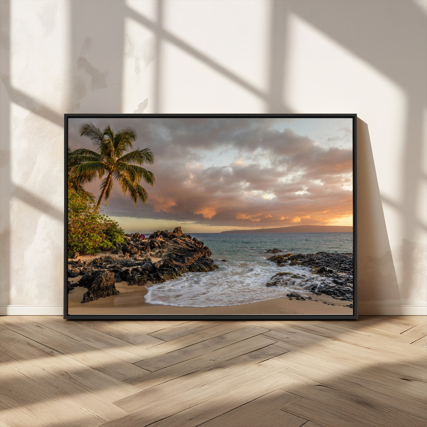 55108220-MGV-CV-36X24-Tropical Beach Wall Art Canvas Print, Framed Hawaiian Sunset Art Picture Print, Ocean Waves Perfect Coastal Tropical Decor Artwork