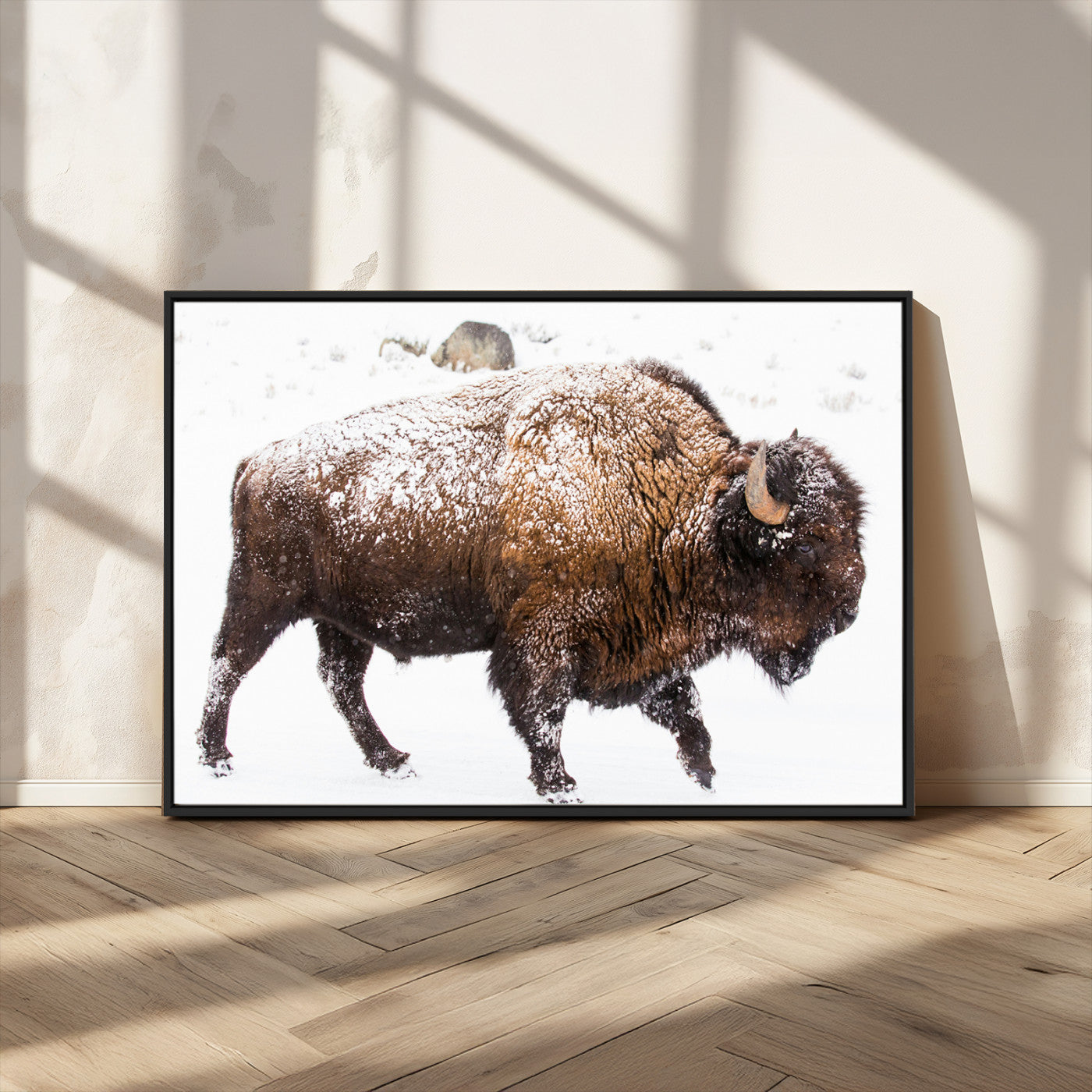 94261165-MGV-CV-36X24-Snowy Buffalo Wall Art Canvas Print, Framed Wildlife Photography Art Picture Print, Brown Tones Perfect Rustic Lodge Decor Decor