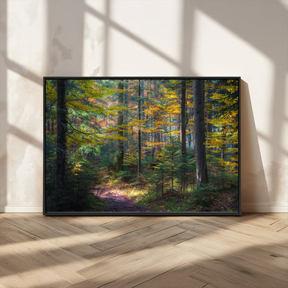 65810864-MGV-CV-36X24-Autumn Forest Wall Art Canvas Print, Framed Fall Woodland Art Picture Print, Golden Leaves Perfect Rustic Farmhouse Decor Artwork