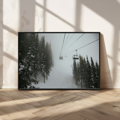 87018452-MGV-CV-36X24-Ski Lift Wall Art Canvas Print, Framed Snowy Pines Art Picture Print, Misty Landscape Perfect Winter Serenity Decor Artwork