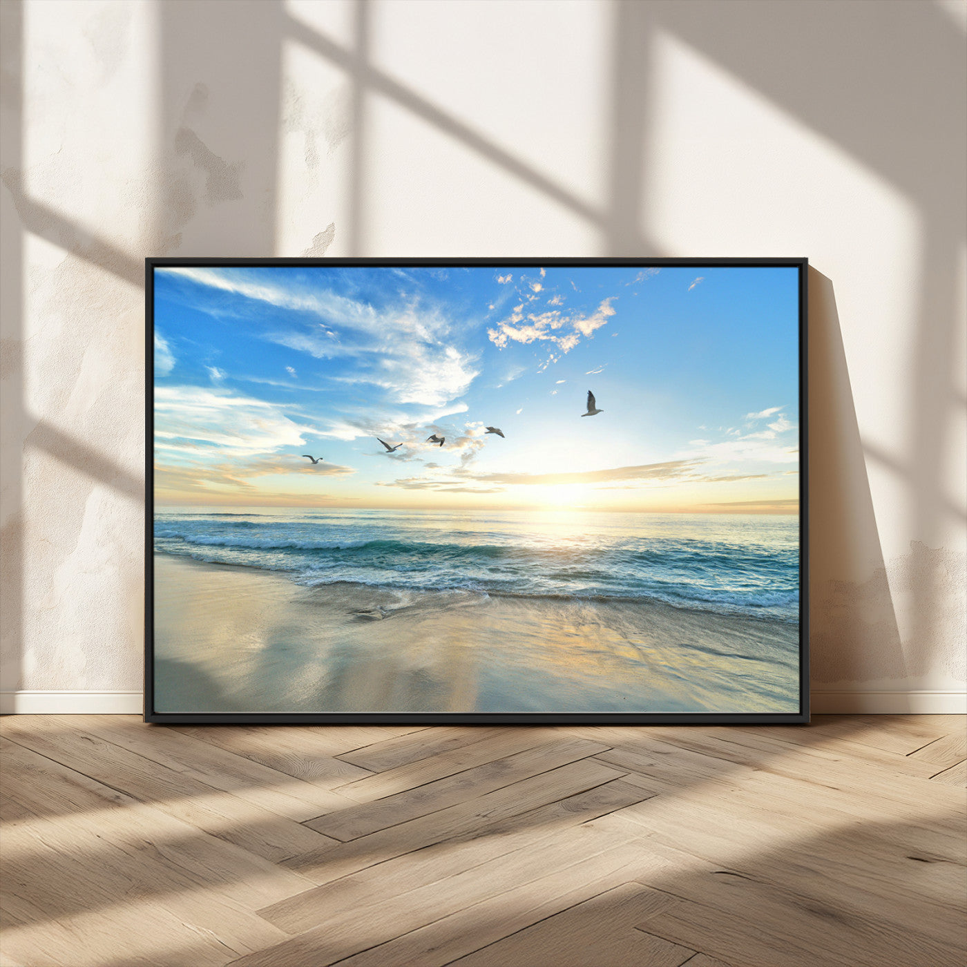 20708696-MGV-CV-36X24-Minimalist Seaside Wall Art Canvas Print, Framed Morning Glow Art Picture Print, Golden Reflections Perfect Coastal Minimalist