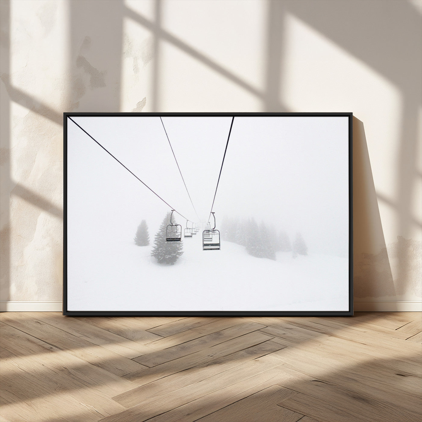 20216390-MGV-CV-36X24-Ski Lift Wall Art Canvas Print, Framed Snowy Landscape Art Picture Print, Alpine Adventure Perfect Nordic Minimalist Decor Artwork