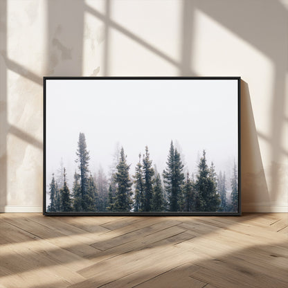 42364796-MGV-CV-36X24-Foggy Forest Wall Art Canvas Print, Framed Misty Pines Art Picture Print, Moody Woodland Perfect Scandinavian Minimalist Decor