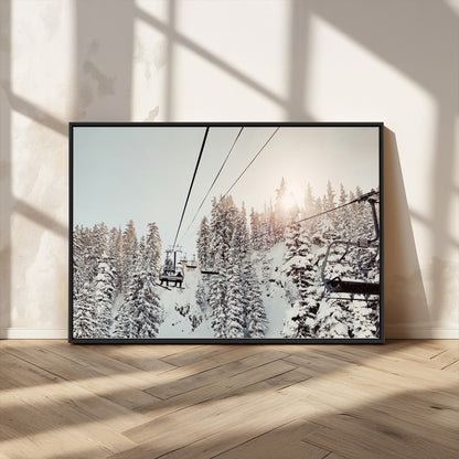 91534512-MGV-CV-36X24-Frosty Pines Wall Art Canvas Print, Framed Cozy Cabin View Art Picture Print, Ski Lift Ride Perfect Rustic Lodge Decor Artwork
