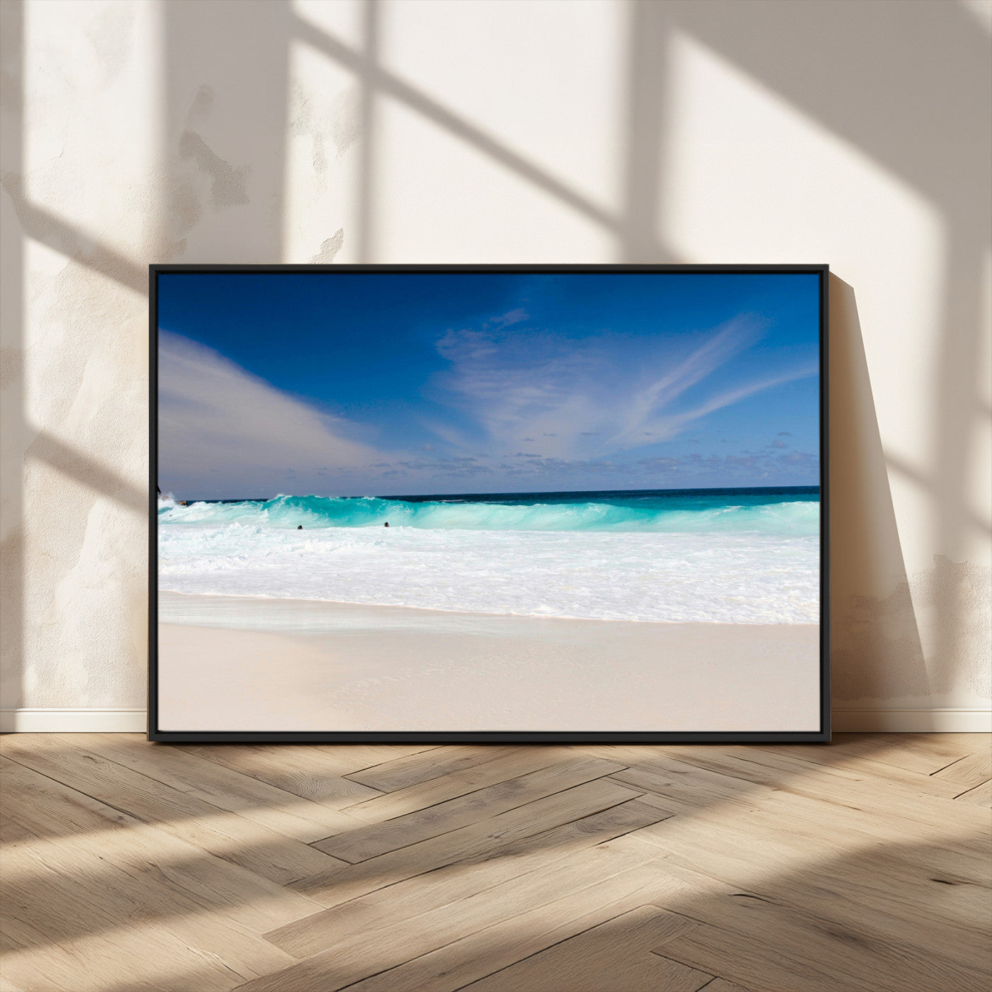 55017356-MGV-CV-36X24-Ocean Beach Wall Art – Turquoise Wave and White Sand Shoreline Canvas Print, Coastal Seascape Photography Decor for Living Room,