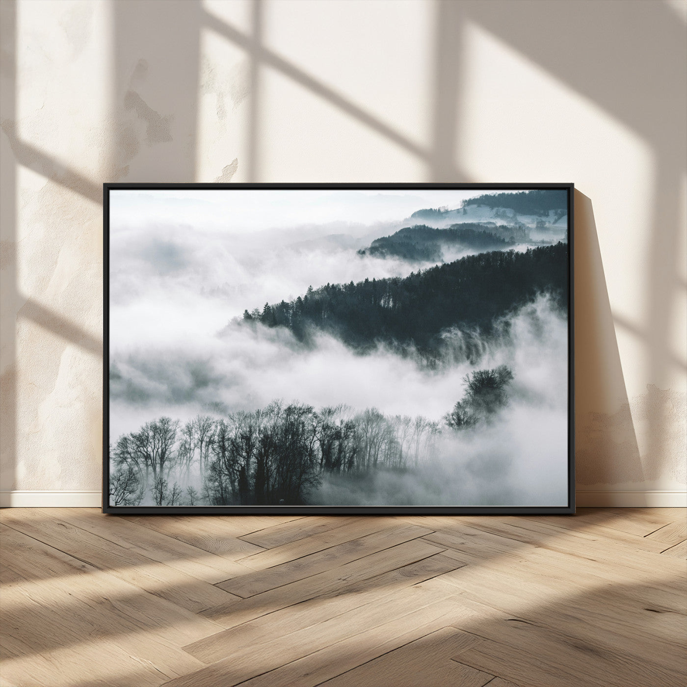 67569654-MGV-CV-36X24-Foggy Forest Wall Art – Mist Covered Hills and Trees Landscape Canvas Print, Moody Nature Photography Decor for Living Room,