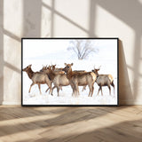 41416314-MGV-CV-36X24-Elk Wall Art – Wildlife Herd Canvas Print in Snowy Landscape, Rustic Nature Painting, Western Cabin Lodge Decor for Living Room,