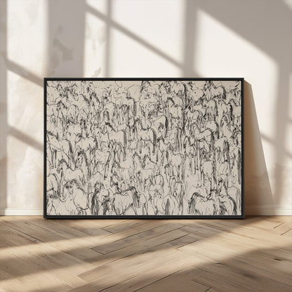 12358908-MGV-CV-36X24-Horse Herd Sketch Wall Art – Abstract Wild Horses Line Drawing Canvas Print, Rustic Western Style Equestrian Decor for Living