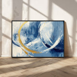 42475677-MGV-FC-36X24_Black-Blue and Gold Abstract Wall Art – Modern Luxury Canvas Print, Navy White Brushstroke Painting, Contemporary Home Office Living