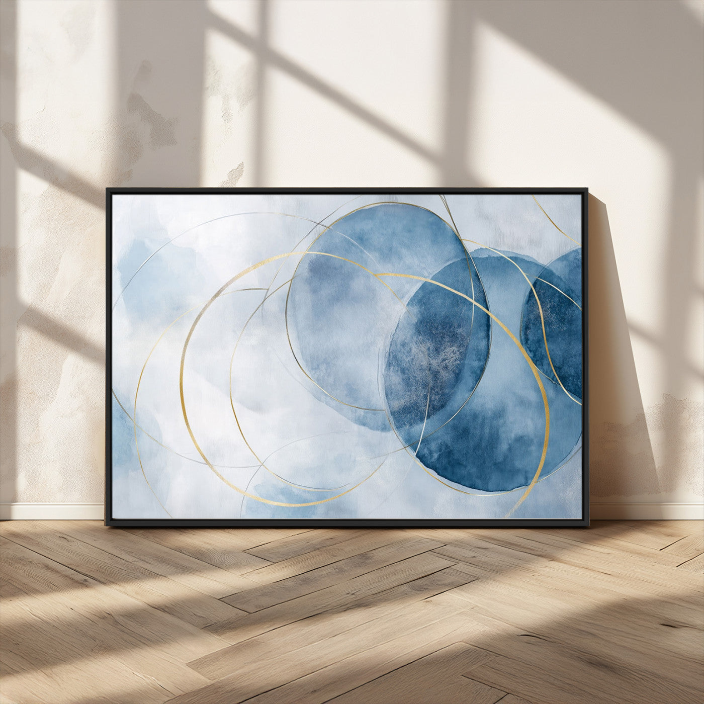 47060443-MGV-FC-36X24_Black-Blue Abstract Circle Wall Art – Modern Gold and Navy Canvas Print, Minimalist Geometric Painting for Living Room, Bedroom, Office