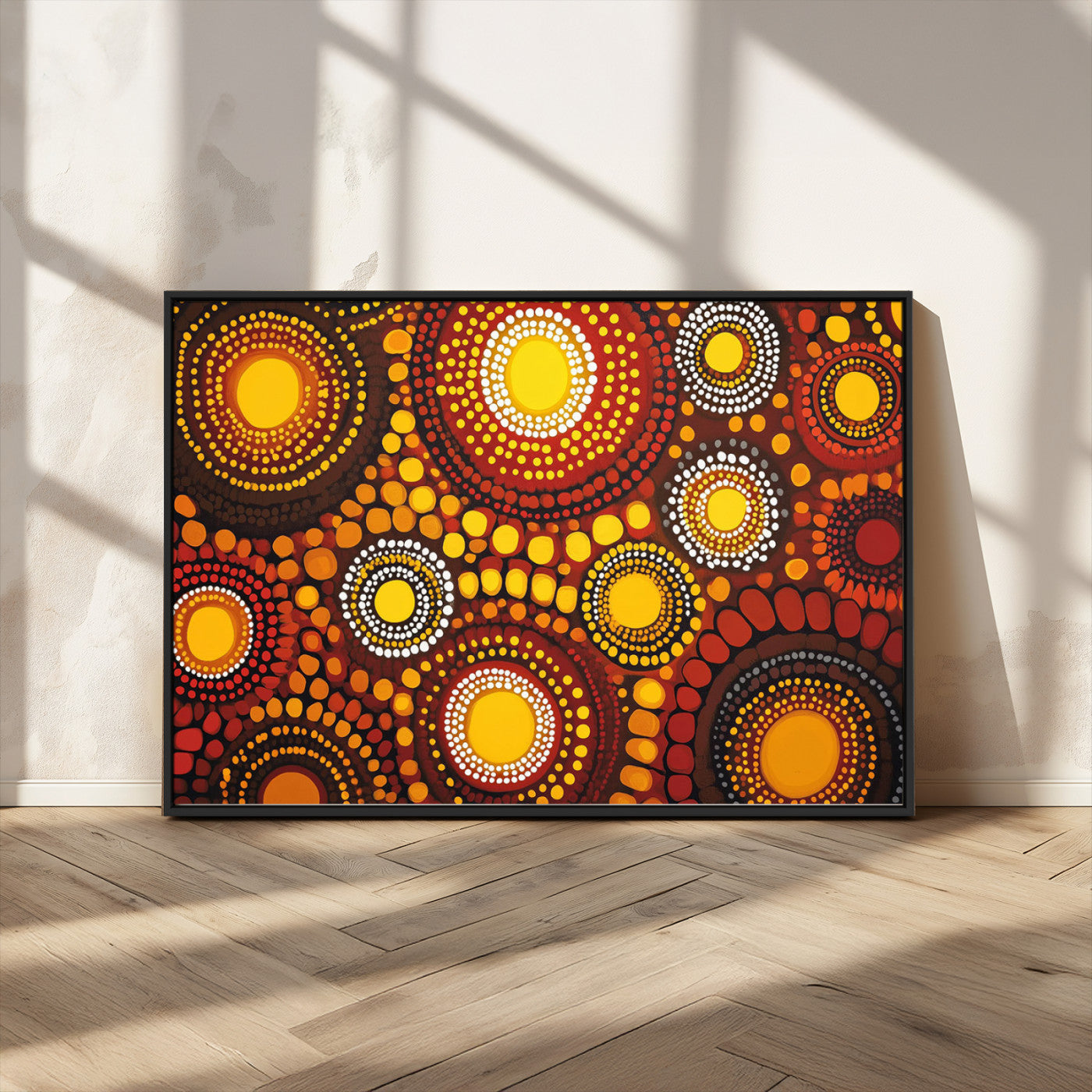 81120549-MGV-CV-36X24-Abstract Dot Painting Wall Art – Vibrant Tribal Boho Style Canvas Print with Sunburst Mandala Circles in Warm Red, Yellow, Orange