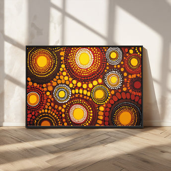 81120549-MGV-CV-36X24-Abstract Dot Painting Wall Art – Vibrant Tribal Boho Style Canvas Print with Sunburst Mandala Circles in Warm Red, Yellow, Orange
